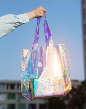 Laser Bags &  Laser Handle 💗【Perfect Size & Versatile Use】 Measuring 35 × 30 × 10 cm, this spacious gift bag is ideal for holding larger presents such as candles, jewelry boxes, perfumes, makeup sets, lotions, nail products, mugs, instant cameras, small ornaments, DVDs, or a 4×6 photo frame.  💗【A Gift in Itself】 With its stunning holographic finish, this bag transforms your gift into a show-stopping presentation. It’s not just packaging—it’s part of the gift, adding charm and elegance to every occasion.  💗【Effortless Gift Wrapping】 Simply place your gift inside this iridescent clear bag and watch the colors blend beautifully. The unique reflective design creates a dazzling, eye-catching glow without the need for extra wrapping paper.  💗【Durable & Elegant Handle】 Features a sturdy square vegan leather handle, firmly stitched to the bag for extra strength. Unlike flimsy alternatives, it won’t tear or slip out, ensuring secure and stylish carrying.  💗【Reusable & Memorable】 Designed for multiple uses, this gift bag becomes a lasting keepsake. Each time it’s reused, it will remind the recipient of your thoughtful gesture and the special bond you share.Water Proof For Beauty Women,Shopping Bags, Flowers Bags