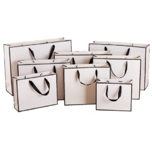 White with Black Border Gift Bags Shopping Bag Party Favor Bags with Grossgrain Ribbon Handle for Birthday Mother’s Day, Baby Shower Bridal Shower Wedding Gift