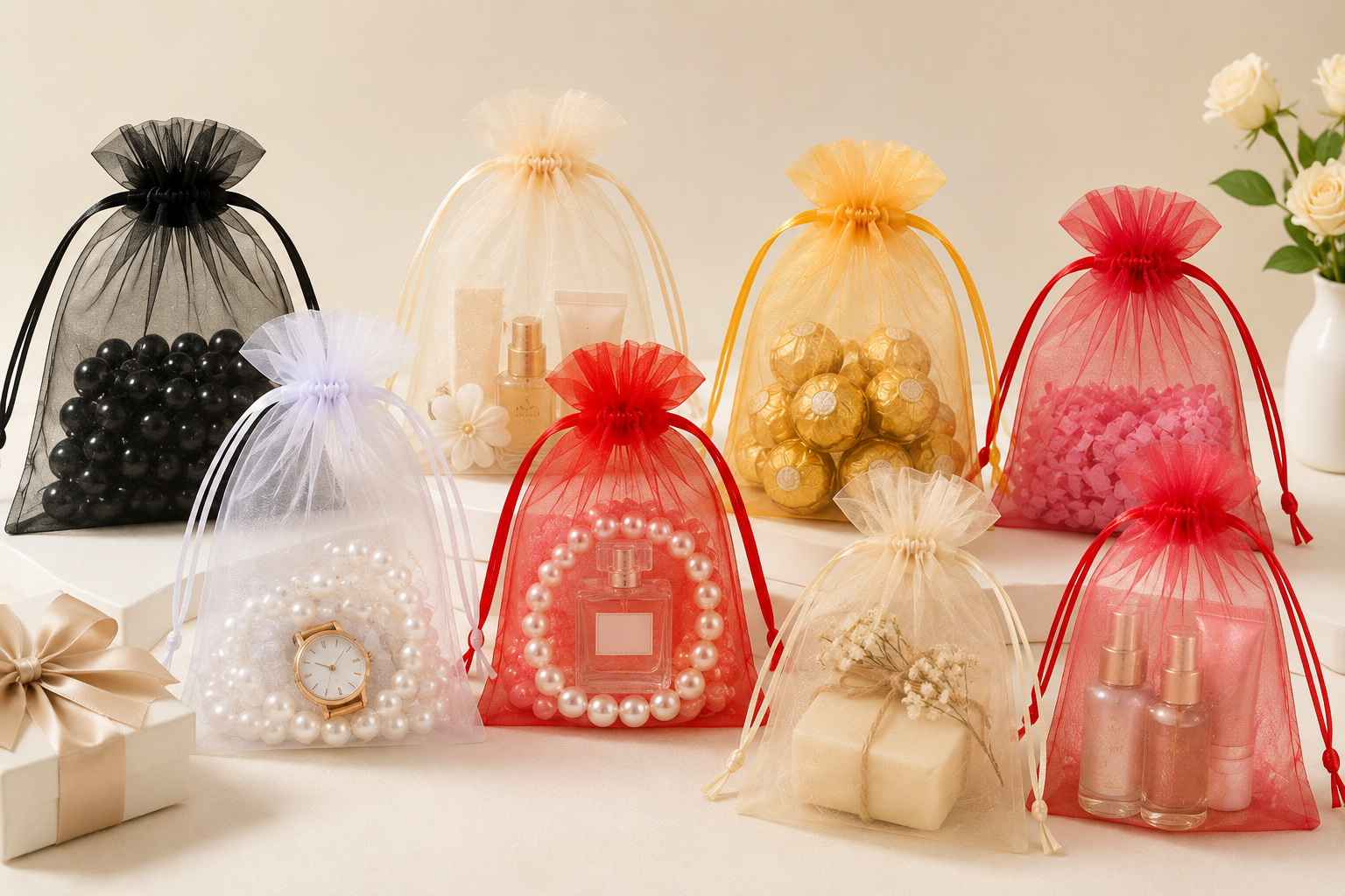Pack of 100 Organza Bags, 7x9 cm (6 colors available) Mesh Bags, Drawstring Gift Bags, Jewelry Pouches for Candy, Wedding Favors, and Christmas - Image 4
