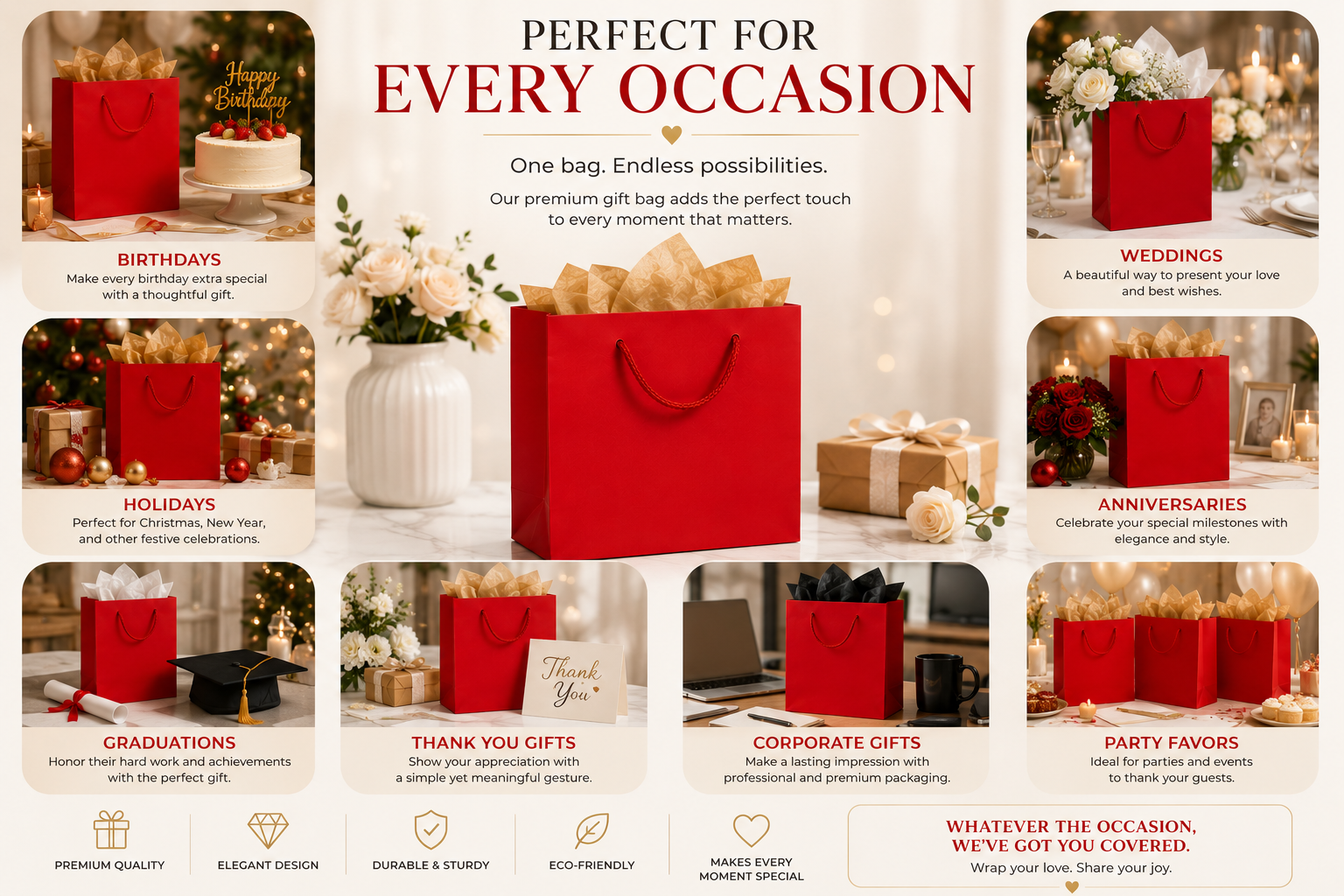 Red Color Textured Paper Gift Bags - Premium Decorative Shopping & Party Favor Bags for Birthday, Mother’s Day, Baby Shower, Bridal Shower, Wedding Gifts & Retail Packaging. - Image 2