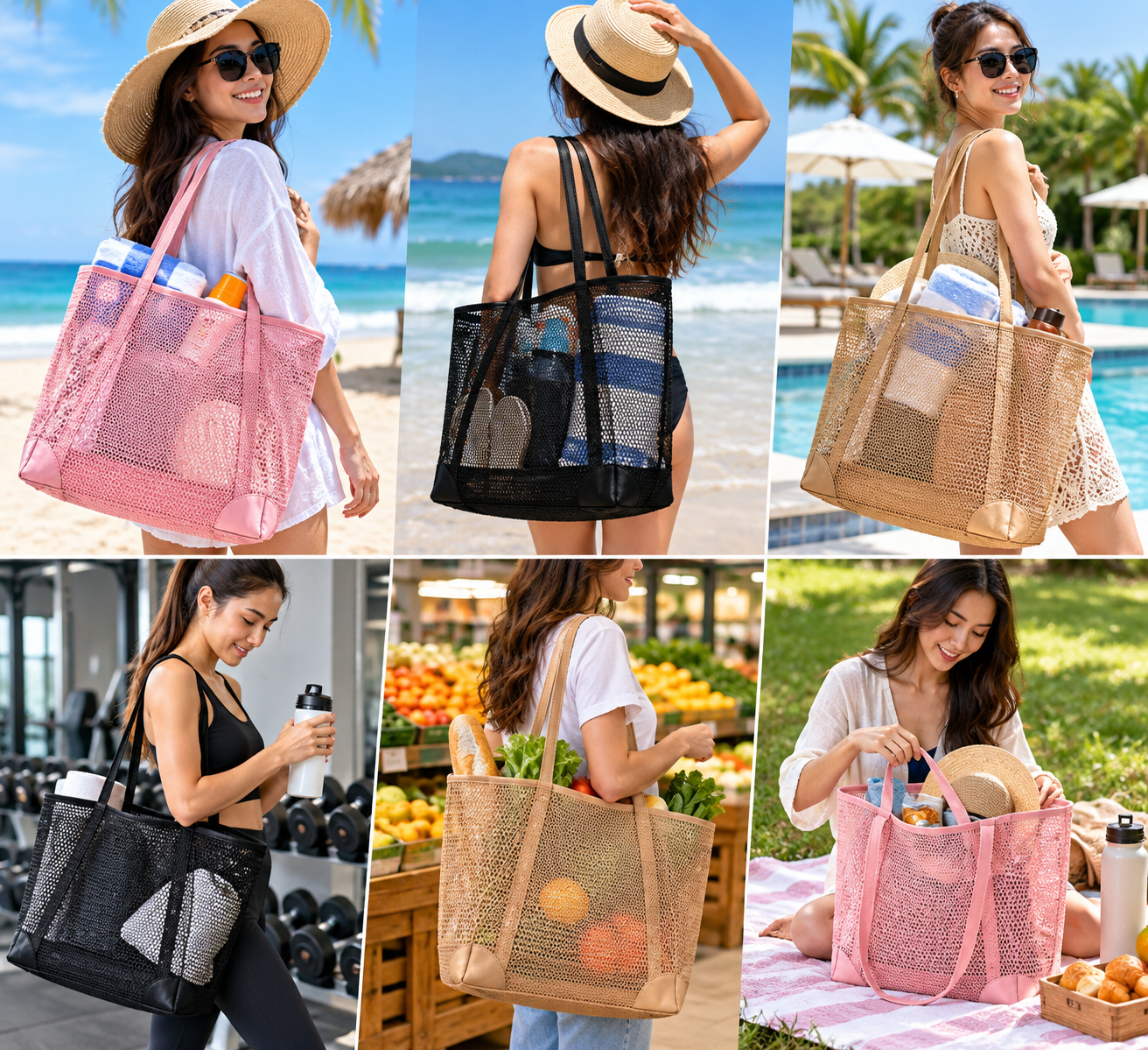 1 pcs Mesh Beach Bag - Durable Tote Bag- Simply lightweight for Shopping Groceries Sports Gym Swimming Pool Travel Tote Bag - Image 3