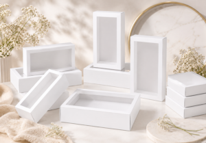 Premium White Color DIY Cardboard Rectangle Drawer Kraft Packaging Boxes with Clear Transparent Sleeve Lid for Small Gifts Jewelry Treats Candy & Event Favors