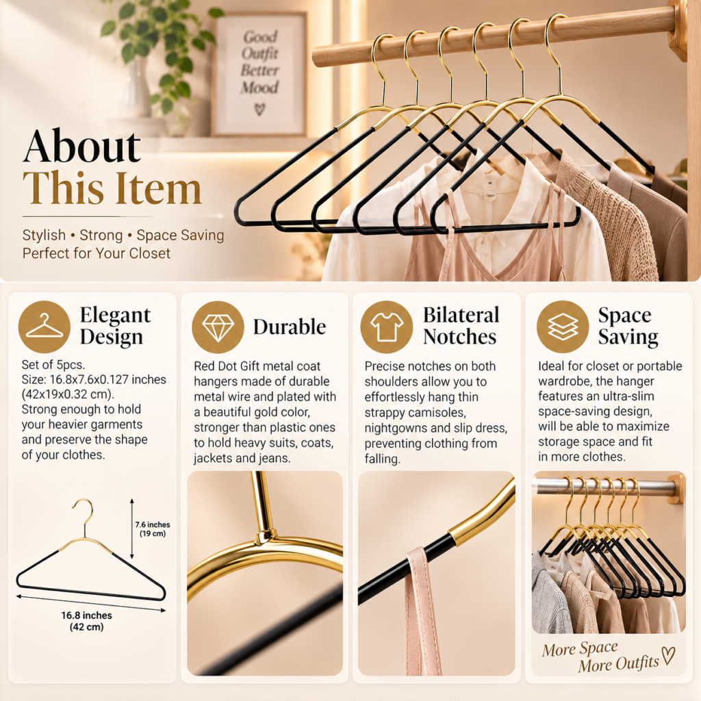 16.8 inch metal clothes hanger gold and black