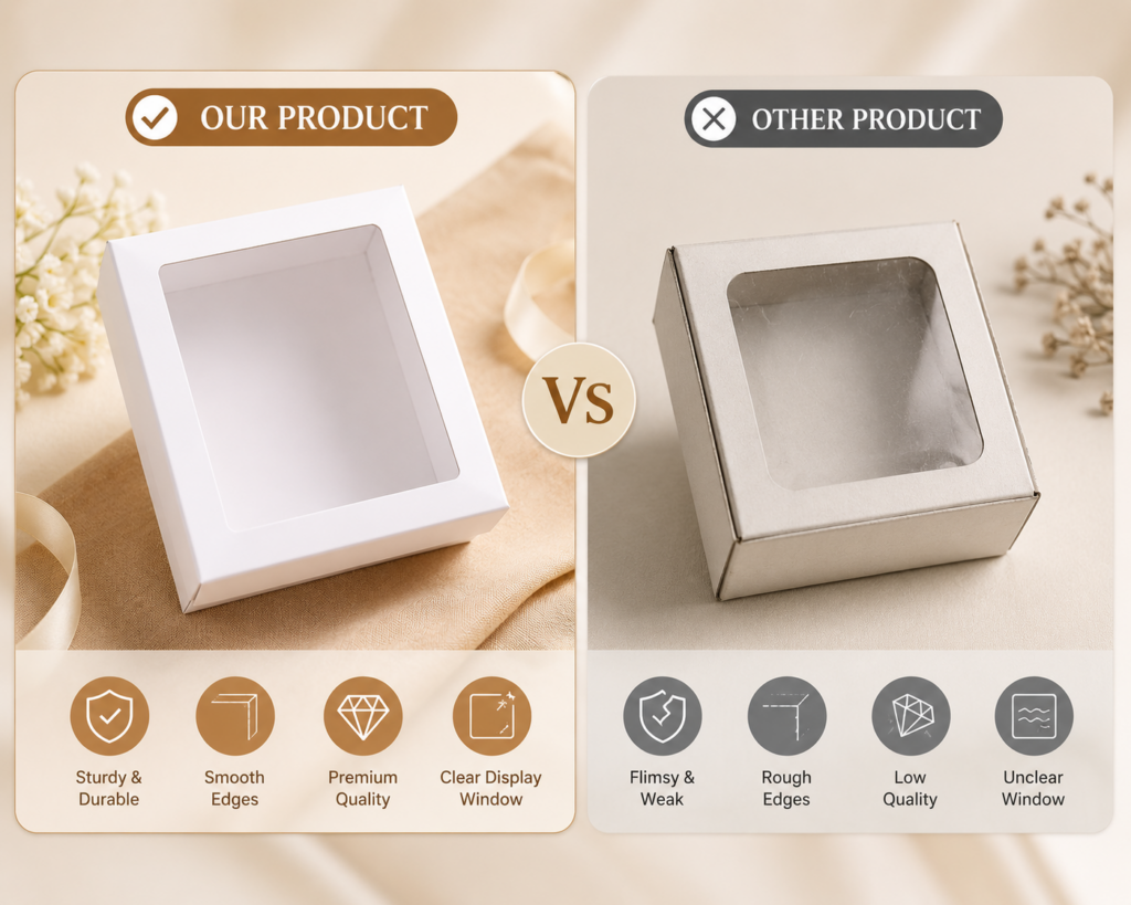 white drawer boxes with clear transparent sleeve lid