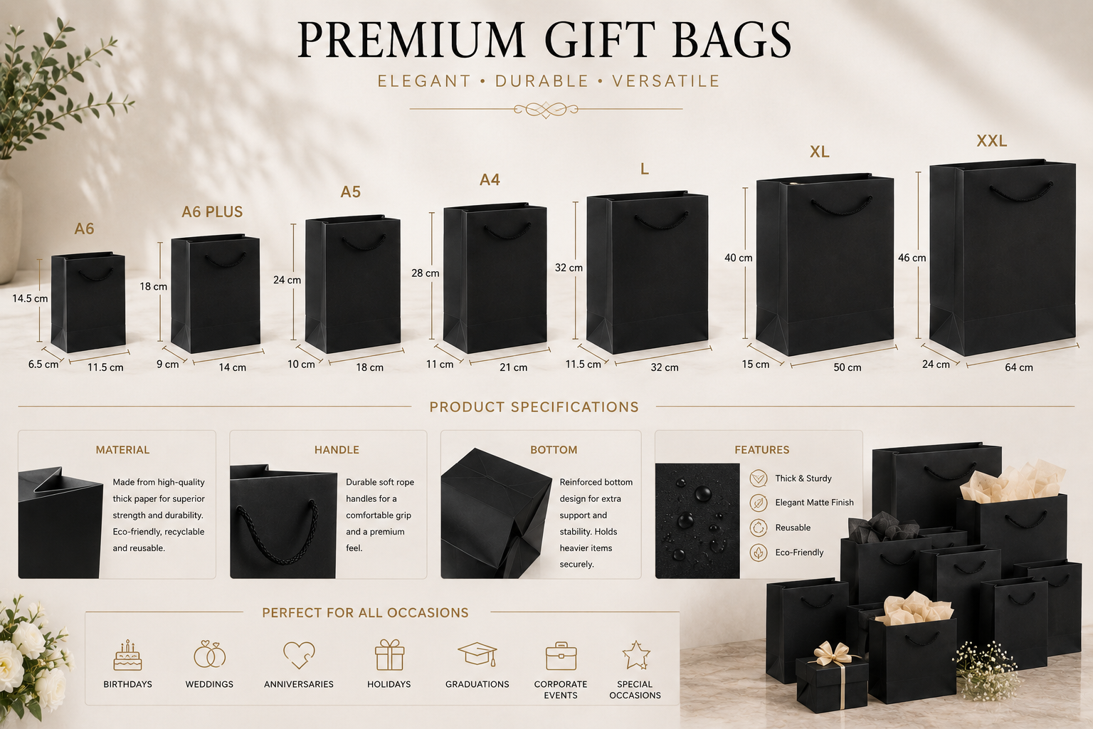 Black Color Textured Paper Gift Bags - Premium Decorative Shopping & Party Favor Bags for Birthday, Mother’s Day, Baby Shower, Bridal Shower, Wedding Gifts & Retail Packaging. - Image 5