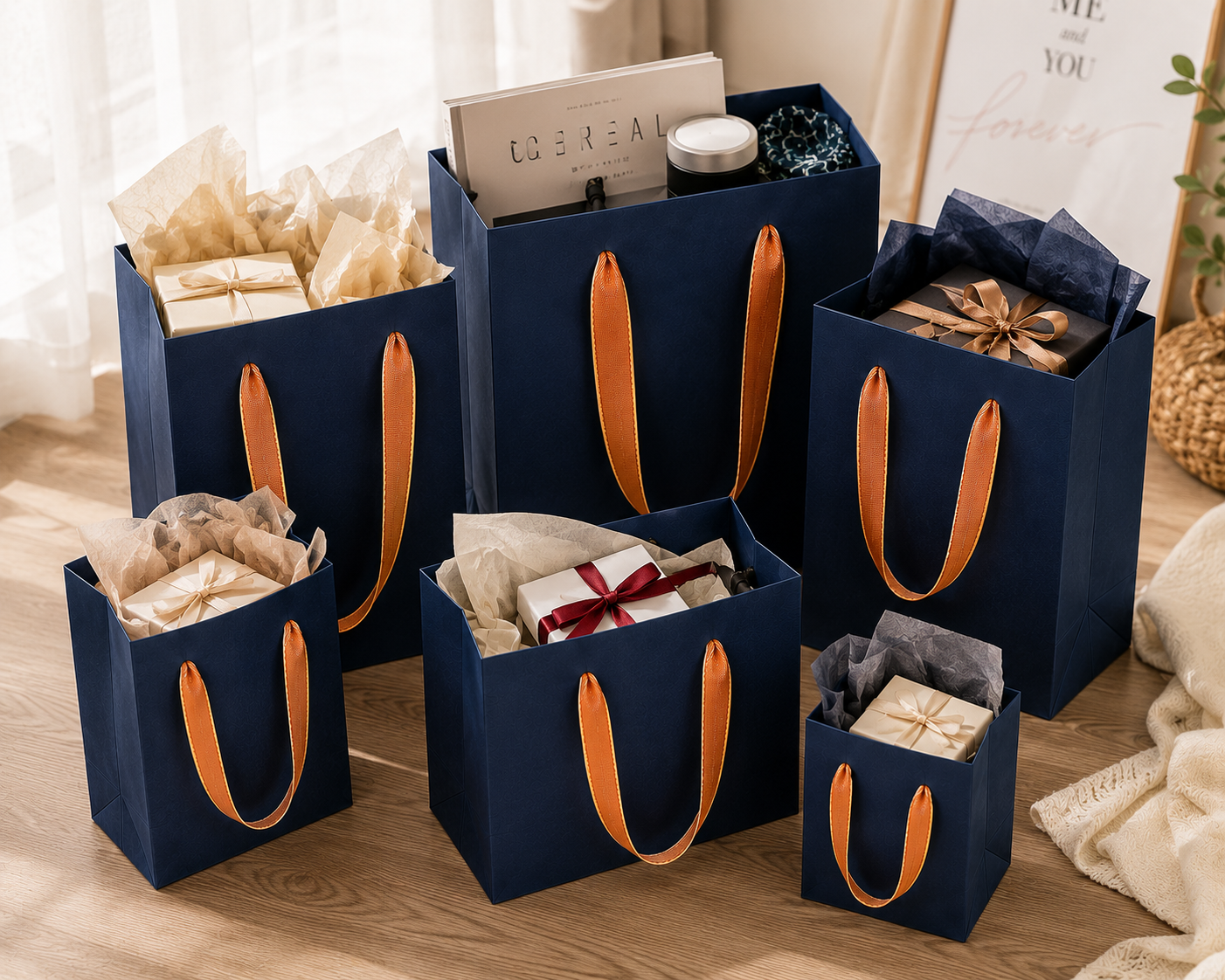 Luxury Navy Blue Paper Gift Bags with Gold Satin Handles, Heavy Duty Small Favor Bags for Jewelry, Perfume, Cosmetics, Weddings, Birthdays, and Party Favors - Image 2