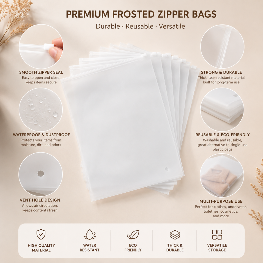 Frosted Zipper Bags for clothing and apparel storage.