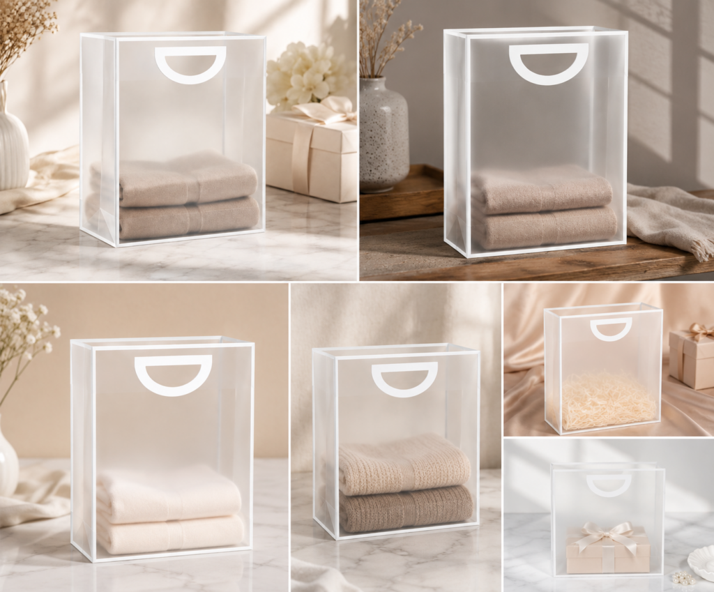 PVC Gift Bags with white borders and die-cut handles, featuring a frosted transparent finish, gusseted bottom, and reusable water-resistant design for gifts, retail, bakery, and events.