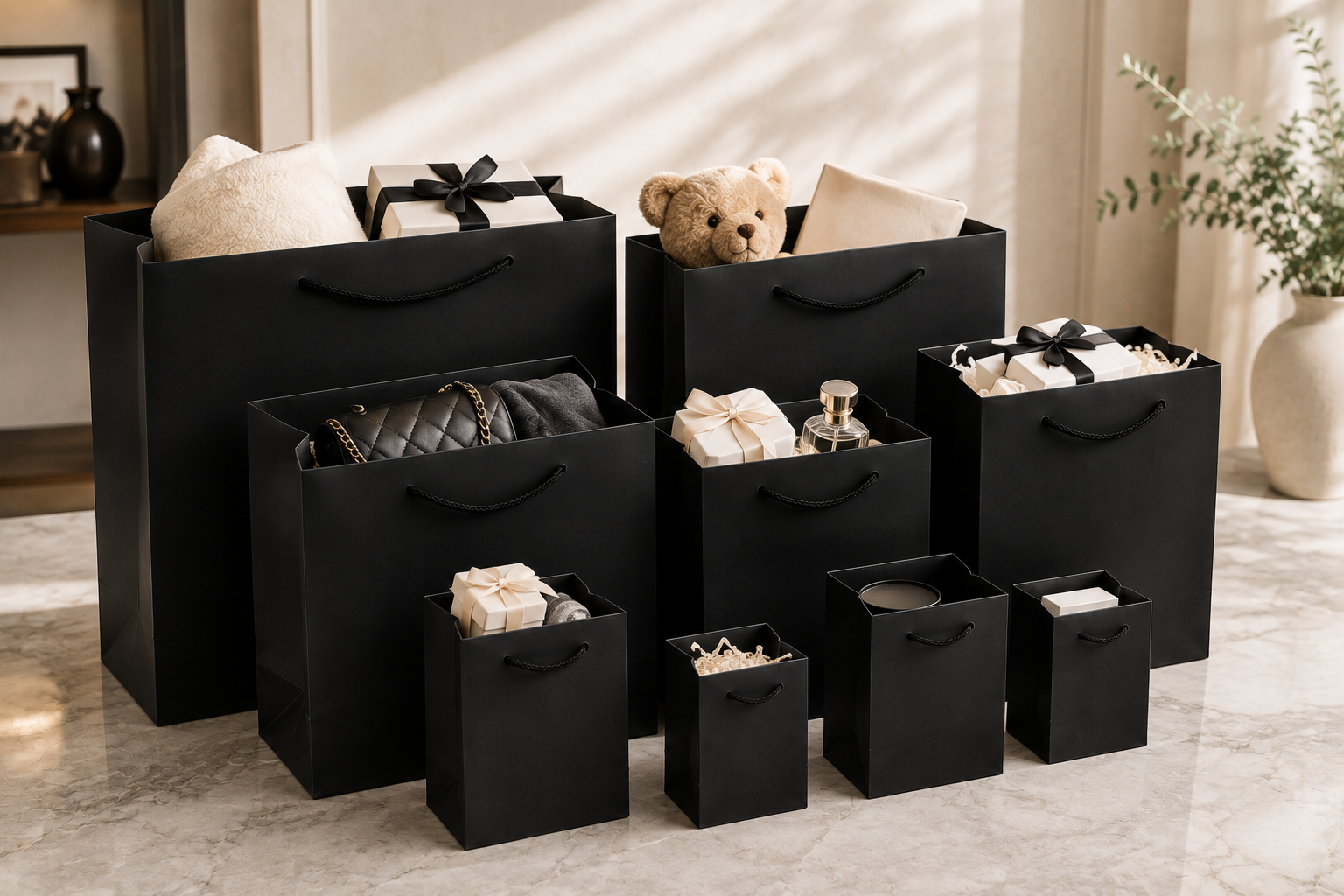 Black Color Textured Paper Gift Bags - Premium Decorative Shopping & Party Favor Bags for Birthday, Mother’s Day, Baby Shower, Bridal Shower, Wedding Gifts & Retail Packaging. - Image 4
