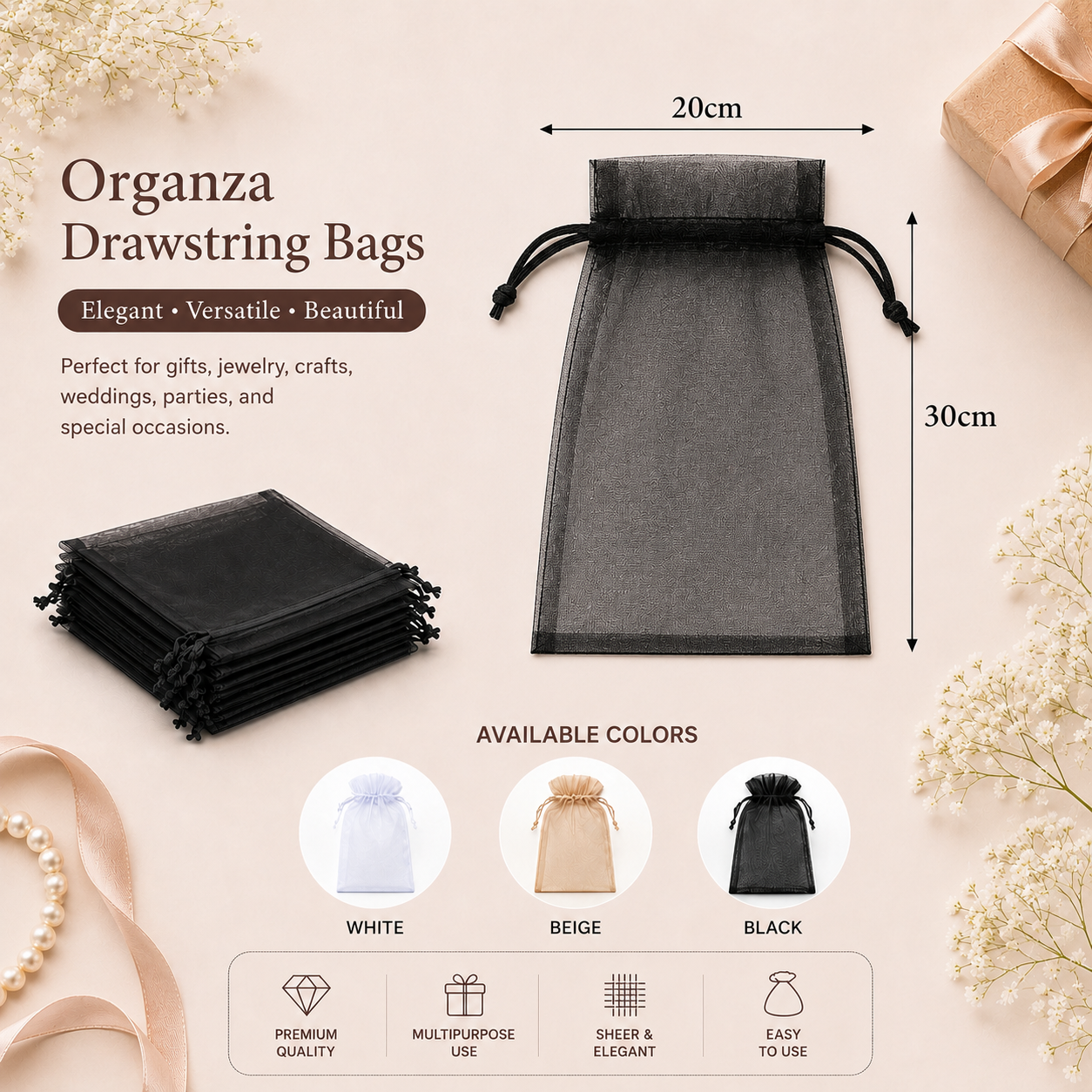 Pack Of 25 pcs 20x30 cm Drawstring Organza Pouches (3 Colors Available), Premium Jewelry Pouches, Party Festival Gift Pouches. - Image 2