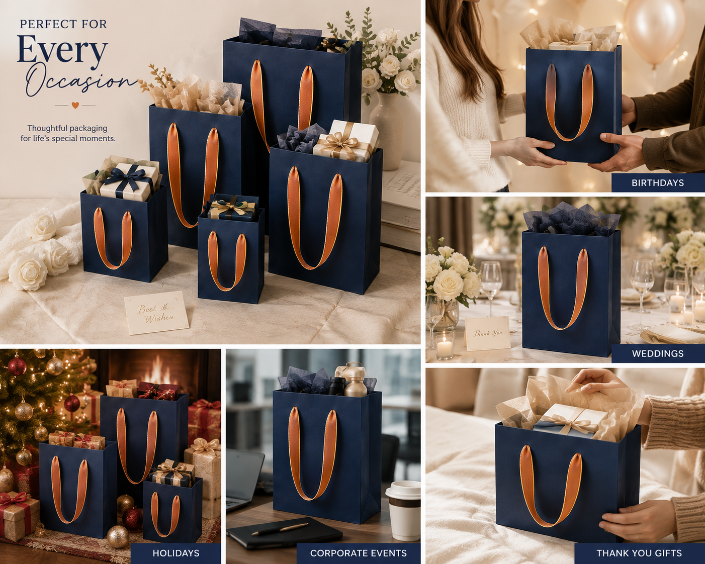 Luxury Navy Blue Paper Gift Bags with Gold Satin Handles, Heavy Duty Small Favor Bags for Jewelry, Perfume, Cosmetics, Weddings, Birthdays, and Party Favors - Image 3