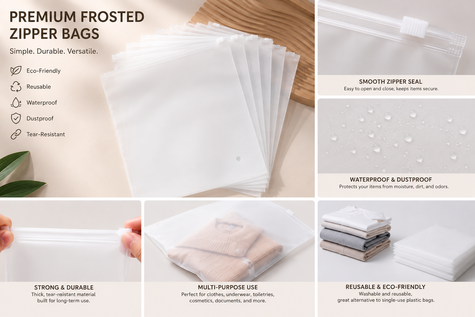 Premium Frosted Zipper Plastic Bags for Clothes Packaging & Shipping—Heavy Duty Reusable Apparel Zip Lock Storage Bags with Vent Holes—Waterproof Poly Zip Bags for T-Shirts, Underwear, Makeups & Toiletries - Image 3