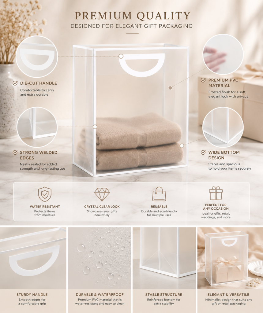PVC Gift Bags with white borders and die-cut handles, featuring a frosted transparent finish, gusseted bottom, and reusable water-resistant design for gifts, retail, bakery, and events.