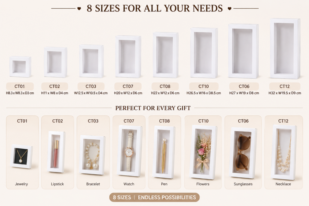 white drawer boxes with clear transparent sleeve lid
