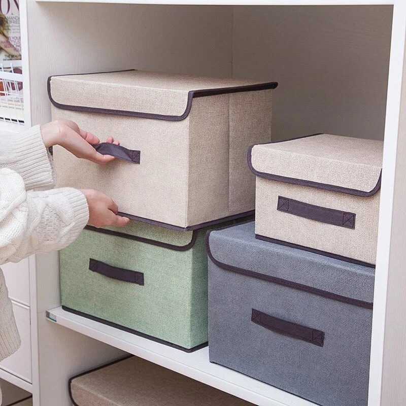 Large foldable cotton linen storage box with lid and handle