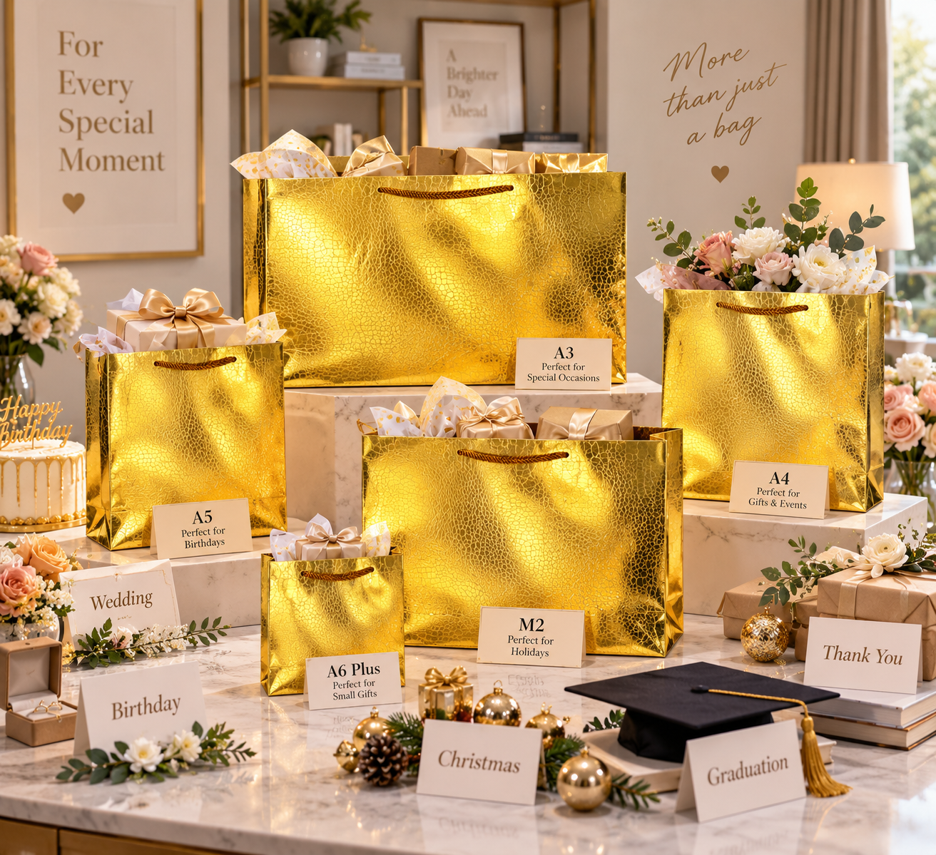 Gold Gift Bags with embossed crocodile pattern and rope handles