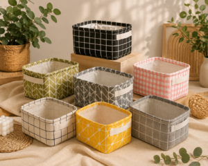 Red Dot Gift  H16x20x12 cm Small Fabric Storage Baskets, Foldable Cotton Linen Desktop Organizer Bins, Makeup, Office Supplies, Closet Shelf Decor.