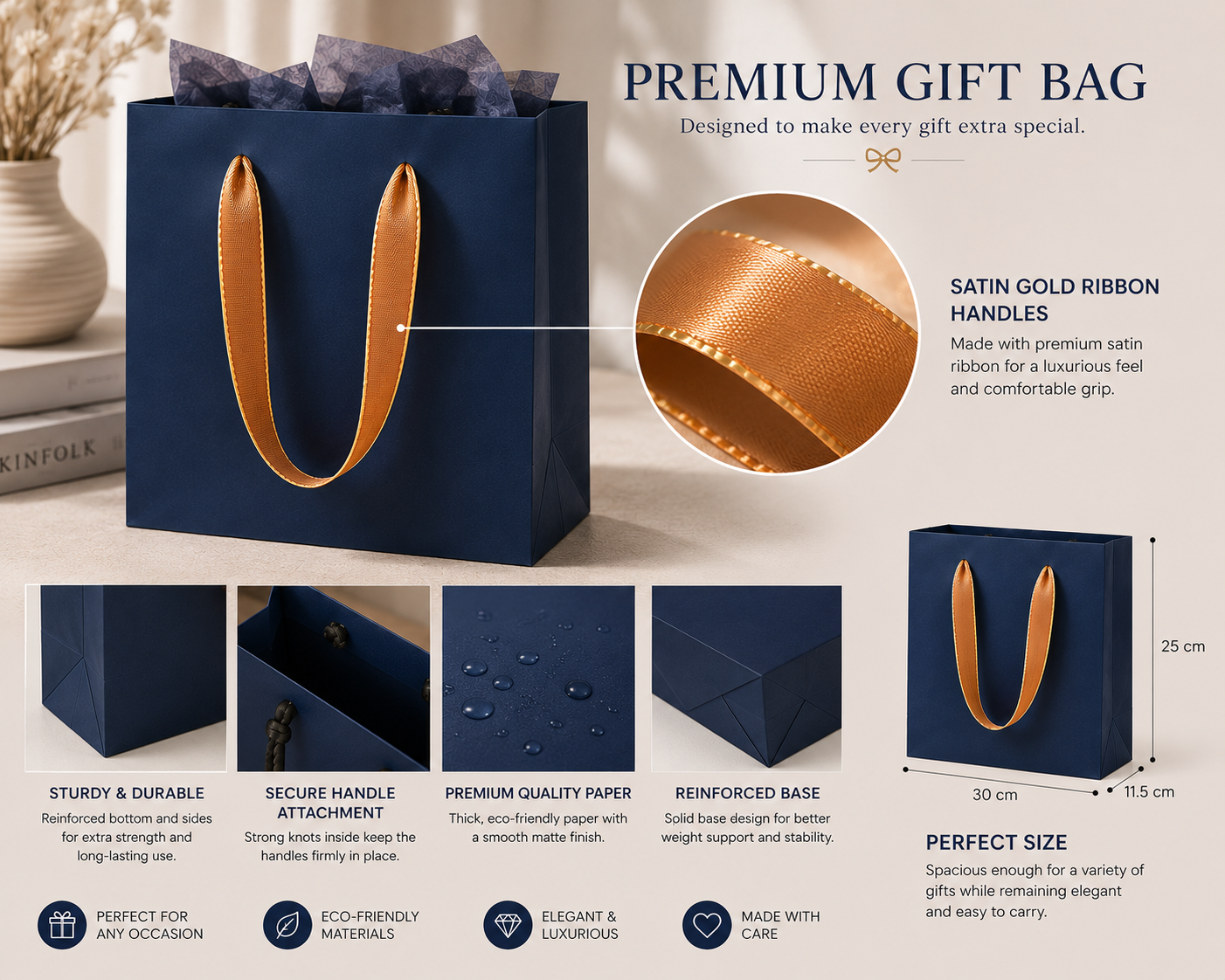 Luxury Navy Blue Paper Gift Bags with Gold Satin Handles, Heavy Duty Small Favor Bags for Jewelry, Perfume, Cosmetics, Weddings, Birthdays, and Party Favors - Image 5