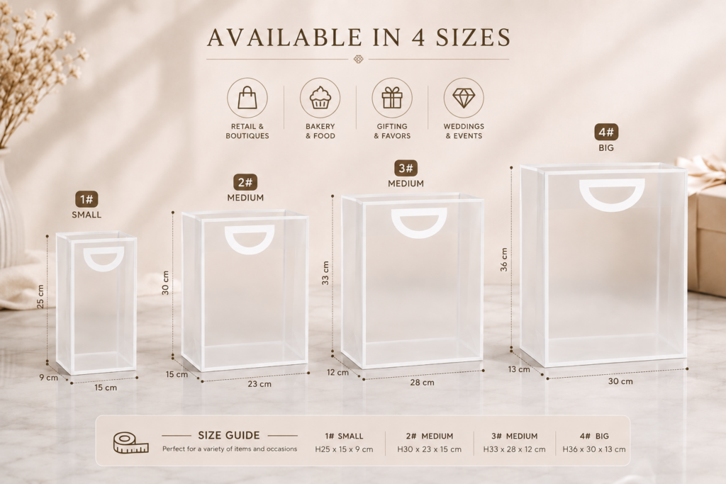 PVC Gift Bags with white borders and die-cut handles, featuring a frosted transparent finish, gusseted bottom, and reusable water-resistant design for gifts, retail, bakery, and events.