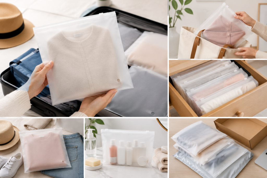 Frosted Zipper Bags for clothing and apparel storage.