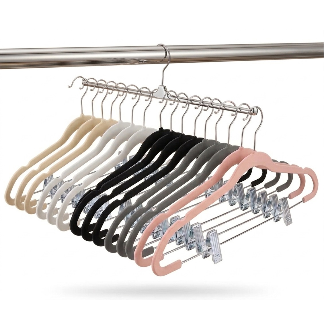 Premium Velvet Hangers with Adjustable Clips (16.8 Inch/42.5cm) - Heavy Duty Non-Slip Space Saving Suit Hangers with 360° Swivel Metal Hook for Clothes, Pants, Skirts, Coats, Trousers & Suits