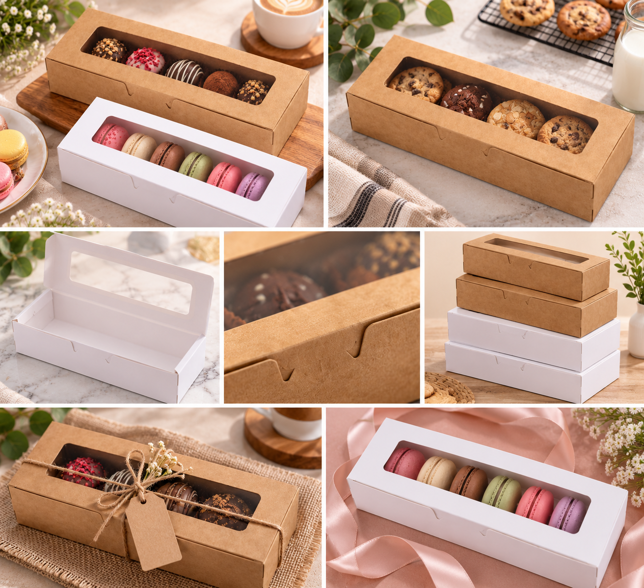 Rectangular Bakery Boxes with Clear Display Window (20.5 x 7.5 x 5 cm) – Eco-Friendly Small Paper Dessert Packaging Boxes for Macarons, Cookies, Biscuits, Chocolates, and Candies - Image 2