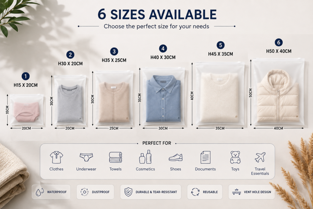 Frosted Zipper Bags for clothing and apparel storage.