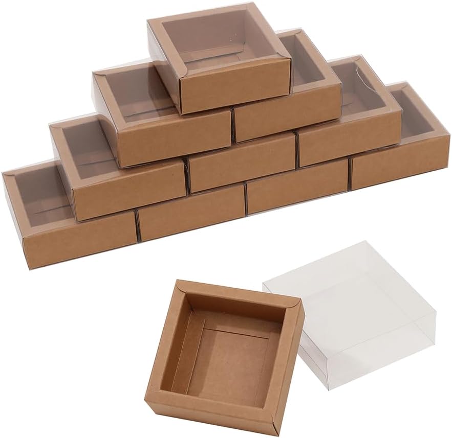Premium Kraft Color DIY Cardboard Rectangle Drawer Kraft Packaging Boxes with Clear Transparent Sleeve Lid for Small Gifts Jewelry Treats Candy & Event Favors. - Image 2