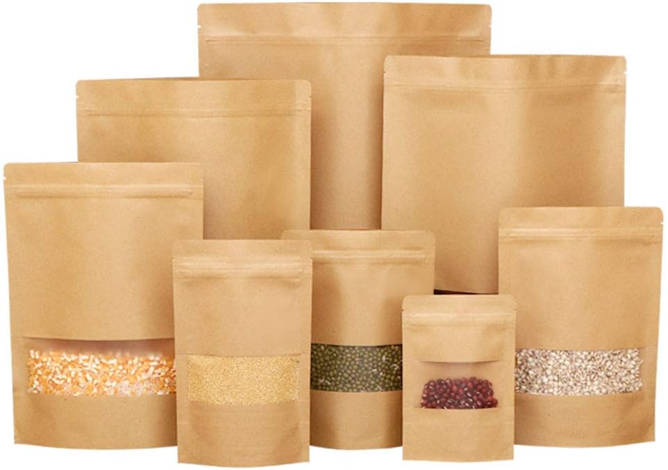50 pieces kraft ziplock bags with window in 6 sizes