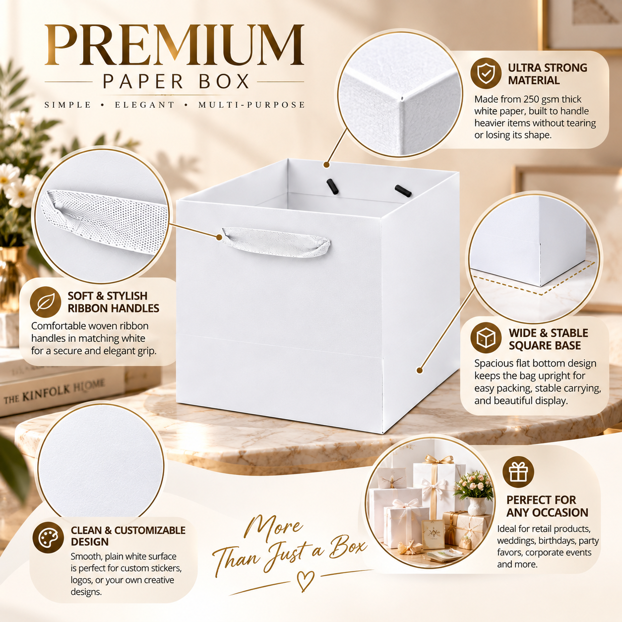 Red Dot Gift Heavy-Duty 250 gsm Premium White Paper Shopping Bags (7 Size Options)—Extra Durable Plain Square Base Gift & Packaging Bags with Elegant Ribbon Handles for Boutique Retail, Weddings, Birthdays, Corporate Events, and Party Favors - Image 3