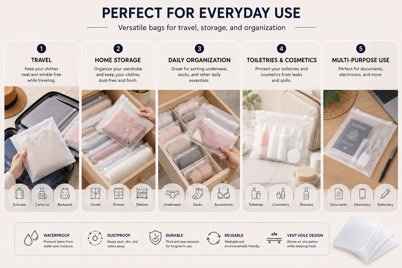Premium Frosted Zipper Plastic Bags for Clothes Packaging & Shipping—Heavy Duty Reusable Apparel Zip Lock Storage Bags with Vent Holes—Waterproof Poly Zip Bags for T-Shirts, Underwear, Makeups & Toiletries - Image 6