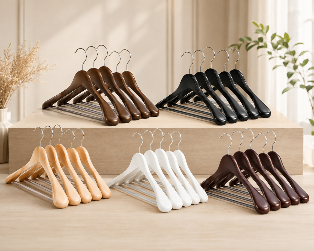 wide shoulder wooden hanger for suits and coats