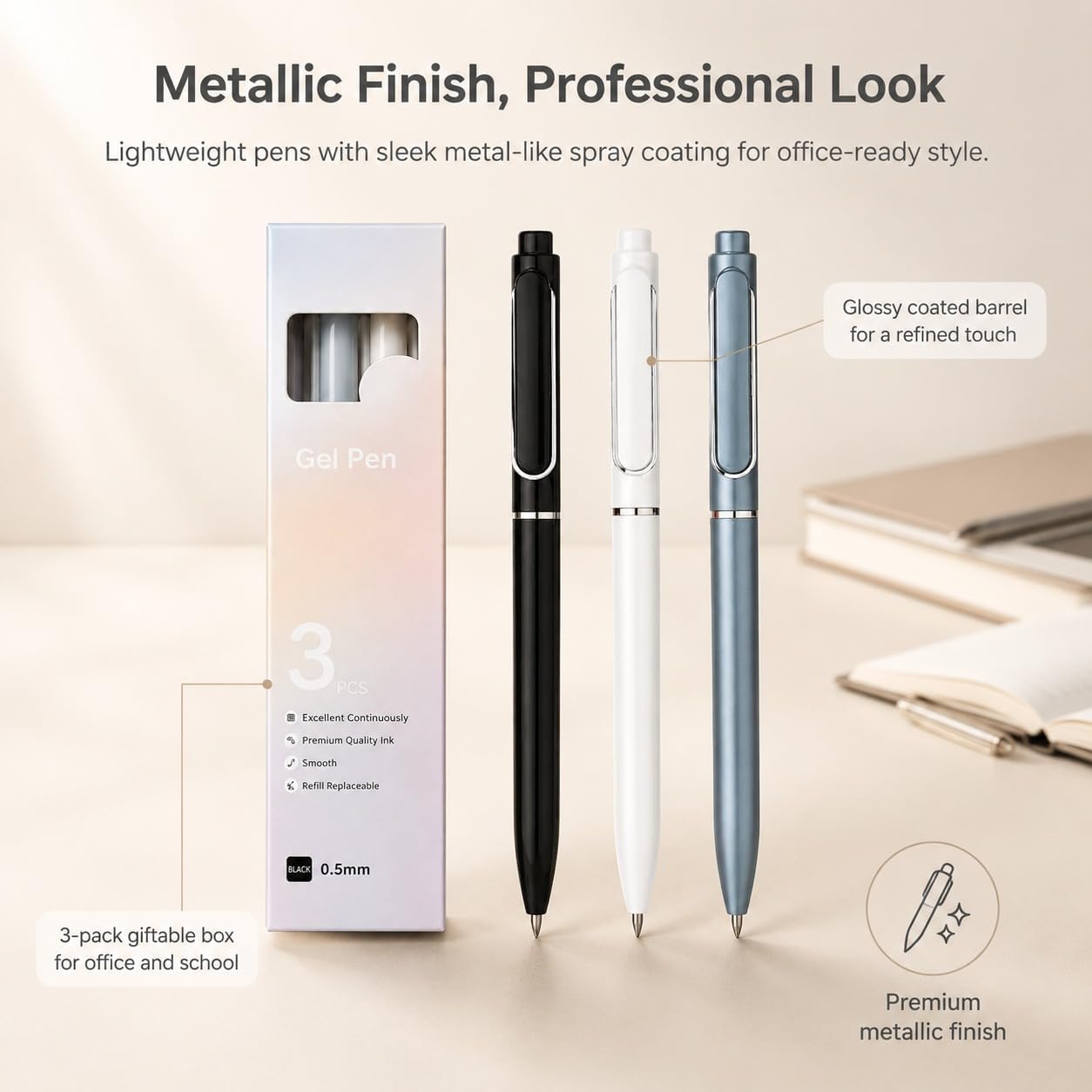 Red Dot Gift 3-Pack Metallic Finish Gel Ink Pens, 0.5mm Fine Tip Quick-Dry Black Pens for Writing & School (150mm) - Image 7