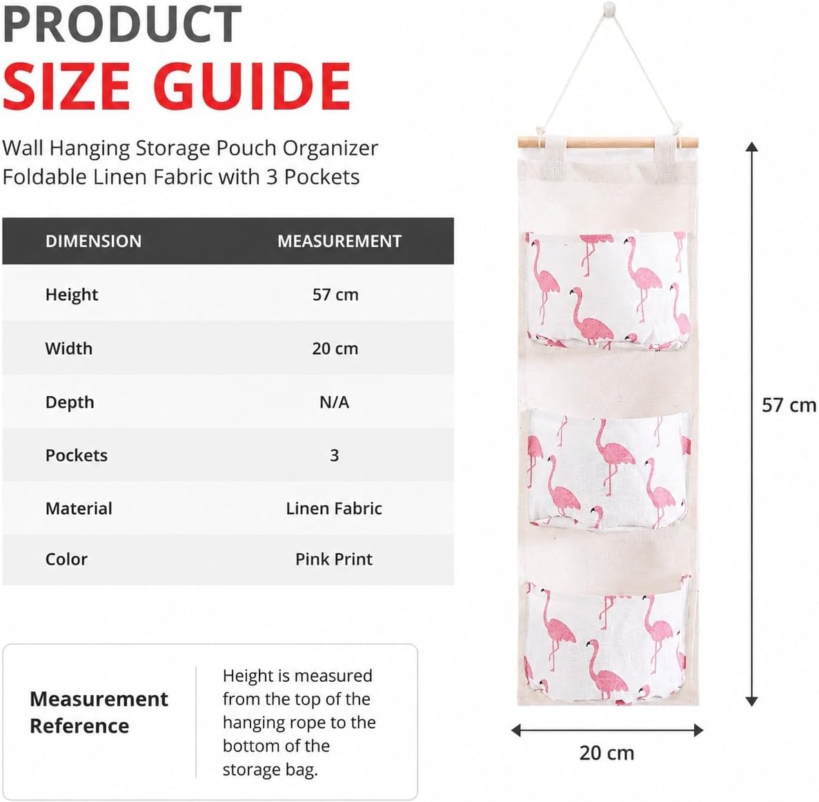 Red Dot Gift® 1-Pack Wall Hanging Storage Bag Organizer (57x20) cm - Foldable Linen Fabric with 3 Pockets for Kids Room, Bedroom, Bathroom, Nursery - Image 3