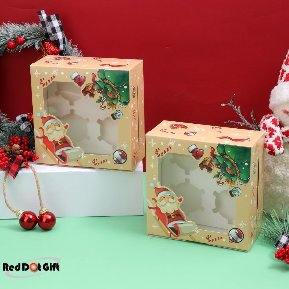 4 Cavities Christmas Paper Cupcake Box,Gift Box with Inserts Cupcake Containers Bakery Cake Carriers for Home Dessert Shop - Image 10