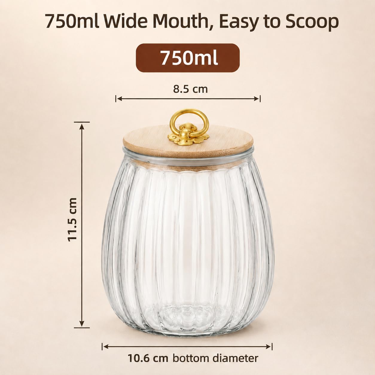 Red Dot Gift Tapered Glass Canister with Bamboo Lid & Antique Bronze/Gold Cloud Loop, Ribbed Trapezoidal Food Storage Jar for Coffee Beans, Loose Tea, Candy, Nuts, Kitchen Pantry - Image 3