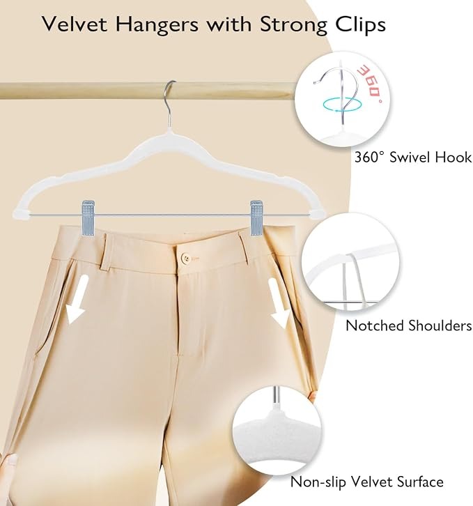 Velvet Hangers with adjustable clips and 360 degree swivel metal hook