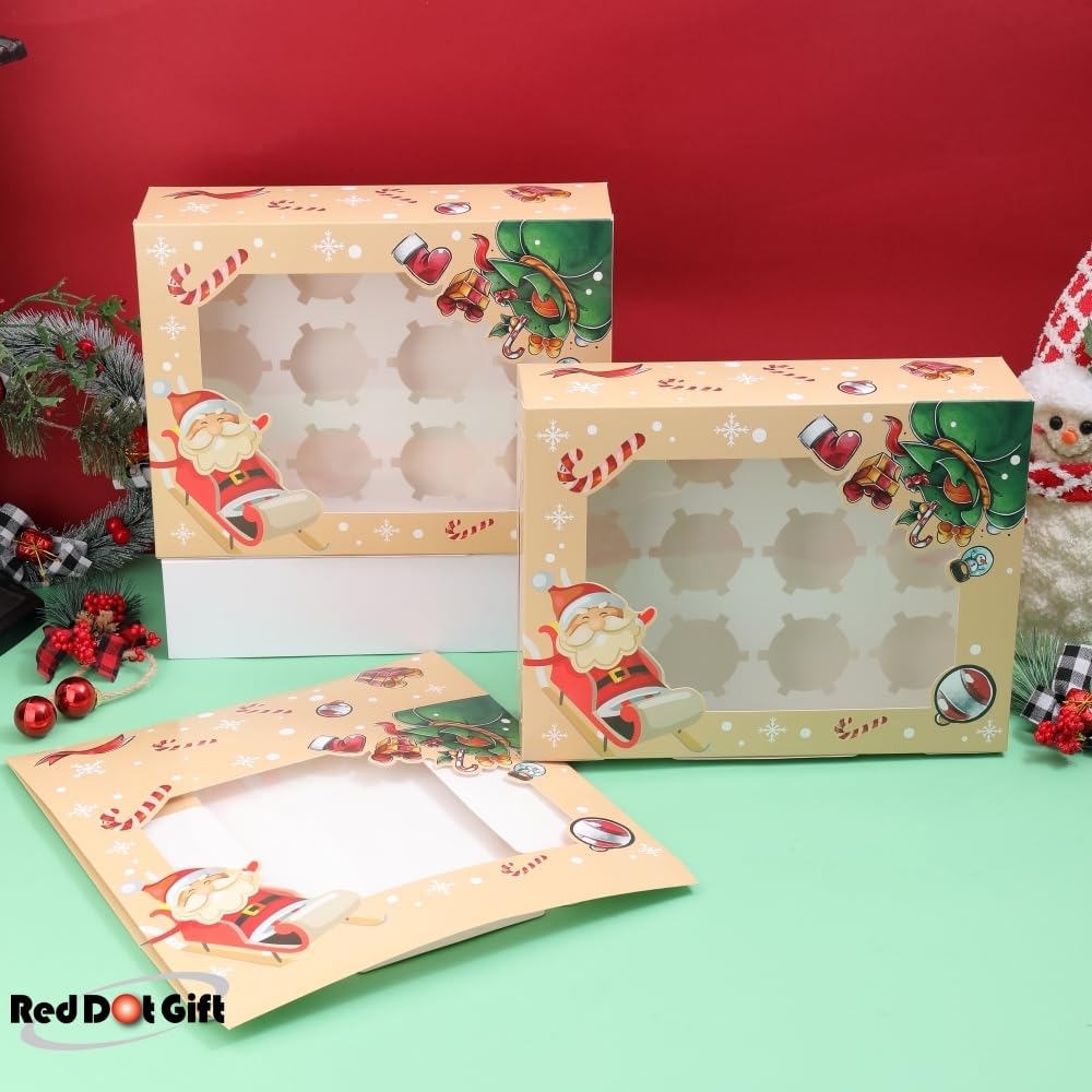 12 Cavities Christmas Paper Cupcake Box, Gift Box with Inserts Cupcake Containers, Bakery Cake Carriers for Home Dessert Shop - Image 5