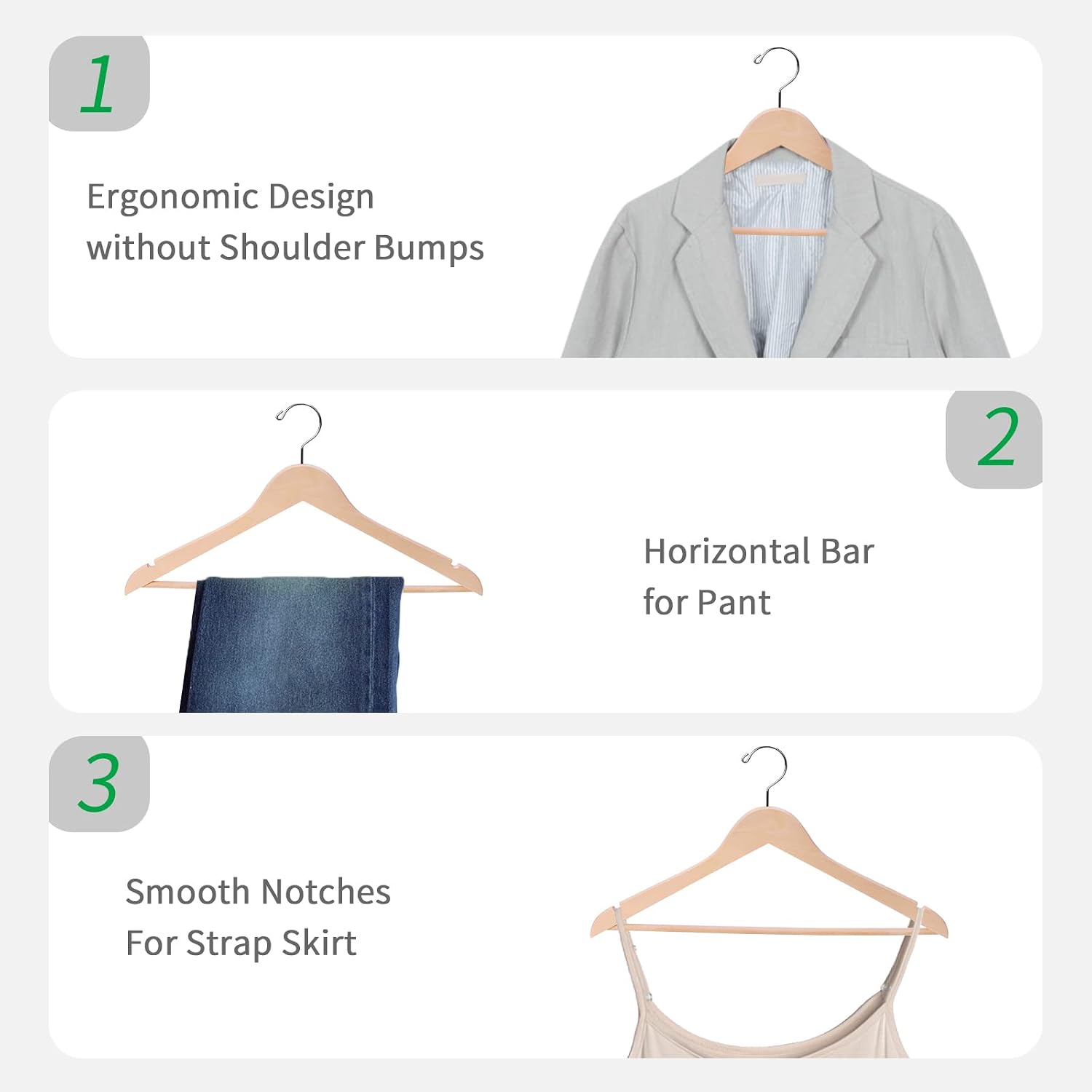 Adult Unfinished/Natural Wood Solid Eco Clothes Hangers, Wooden Hanger, Wood Suit Coat Jacket Hanger with Extra Smoothly Cut Notches and Bar -360° Stronger Rotatable Hook - Image 4