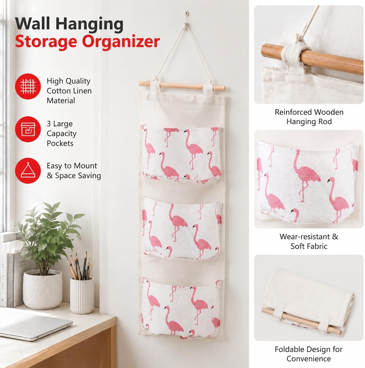 Red Dot Gift® 1-Pack Wall Hanging Storage Bag Organizer (57x20) cm - Foldable Linen Fabric with 3 Pockets for Kids Room, Bedroom, Bathroom, Nursery - Image 7