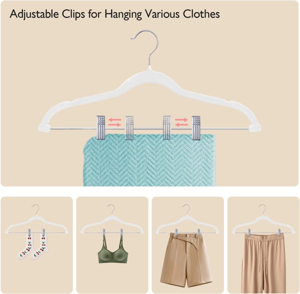 Velvet Hangers with adjustable clips and 360 degree swivel metal hook