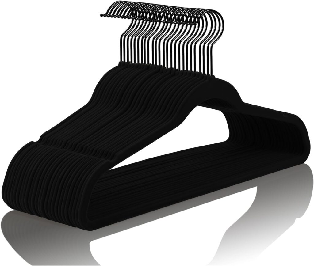 MIZGI Black Velvet Hangers with black swivel hooks