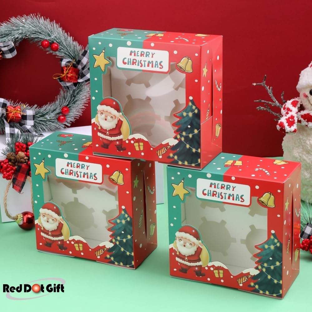 4 Cavities Christmas Paper Cupcake Box,Gift Box with Inserts Cupcake Containers Bakery Cake Carriers for Home Dessert Shop - Image 2