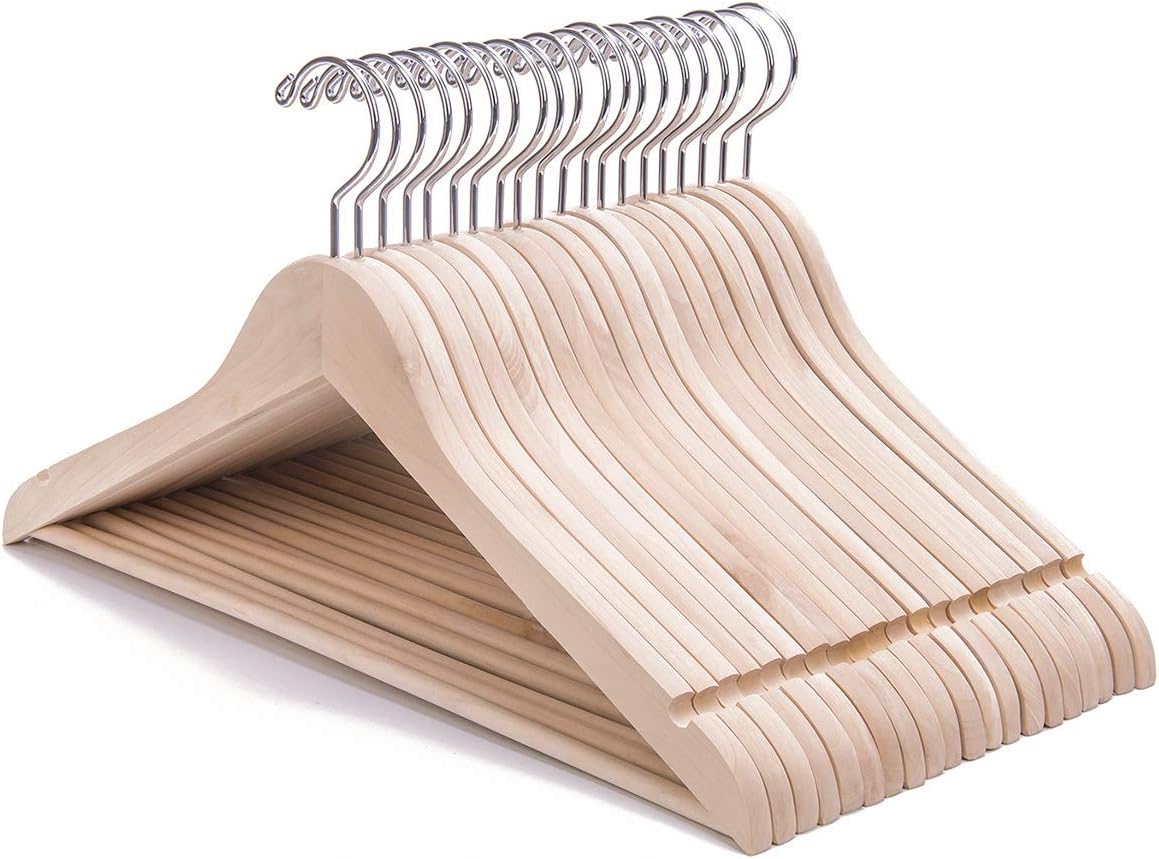 Adult Unfinished/Natural Wood Solid Eco Clothes Hangers, Wooden Hanger, Wood Suit Coat Jacket Hanger with Extra Smoothly Cut Notches and Bar -360° Stronger Rotatable Hook