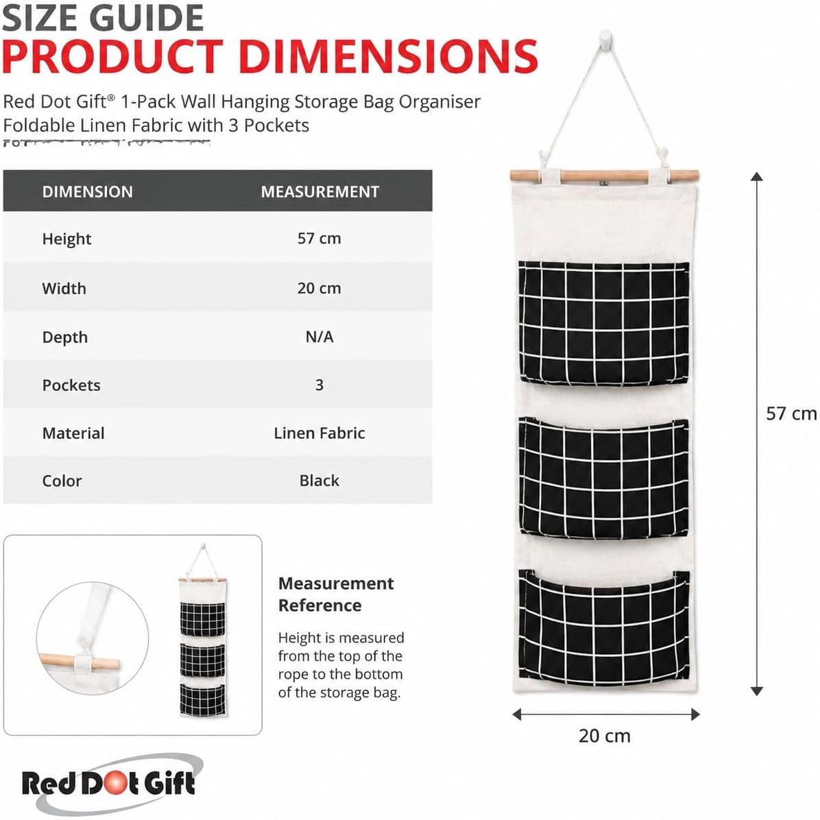Red Dot Gift® 1-Pack Wall Hanging Storage Bag Organizer (57x20) cm - Foldable Linen Fabric with 3 Pockets for Kids Room, Bedroom, Bathroom, Nursery - Image 2