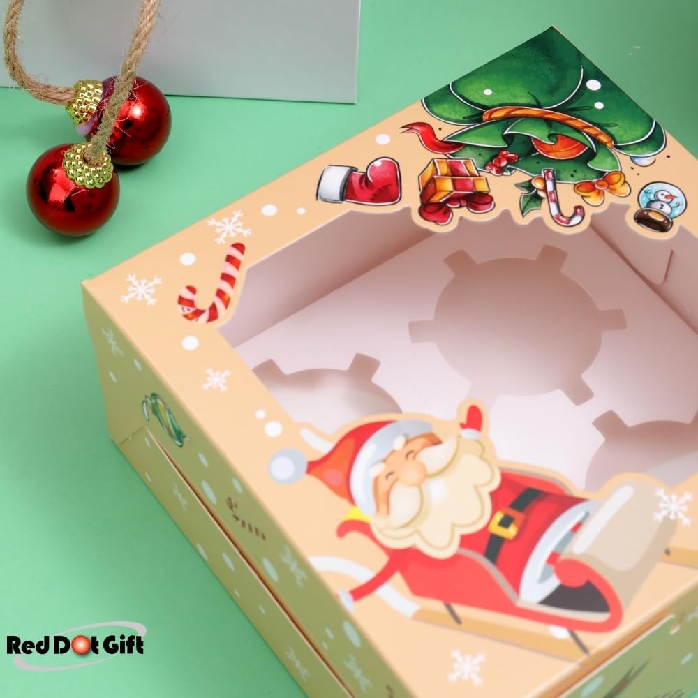 4 Cavities Christmas Paper Cupcake Box,Gift Box with Inserts Cupcake Containers Bakery Cake Carriers for Home Dessert Shop - Image 11