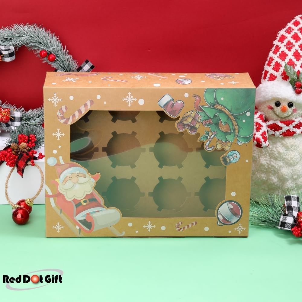 12 Cavities Christmas Paper Cupcake Box, Gift Box with Inserts Cupcake Containers, Bakery Cake Carriers for Home Dessert Shop - Image 10