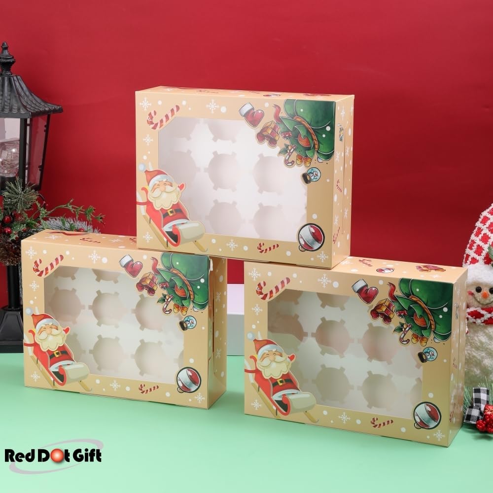 12 Cavities Christmas Paper Cupcake Box, Gift Box with Inserts Cupcake Containers, Bakery Cake Carriers for Home Dessert Shop - Image 3
