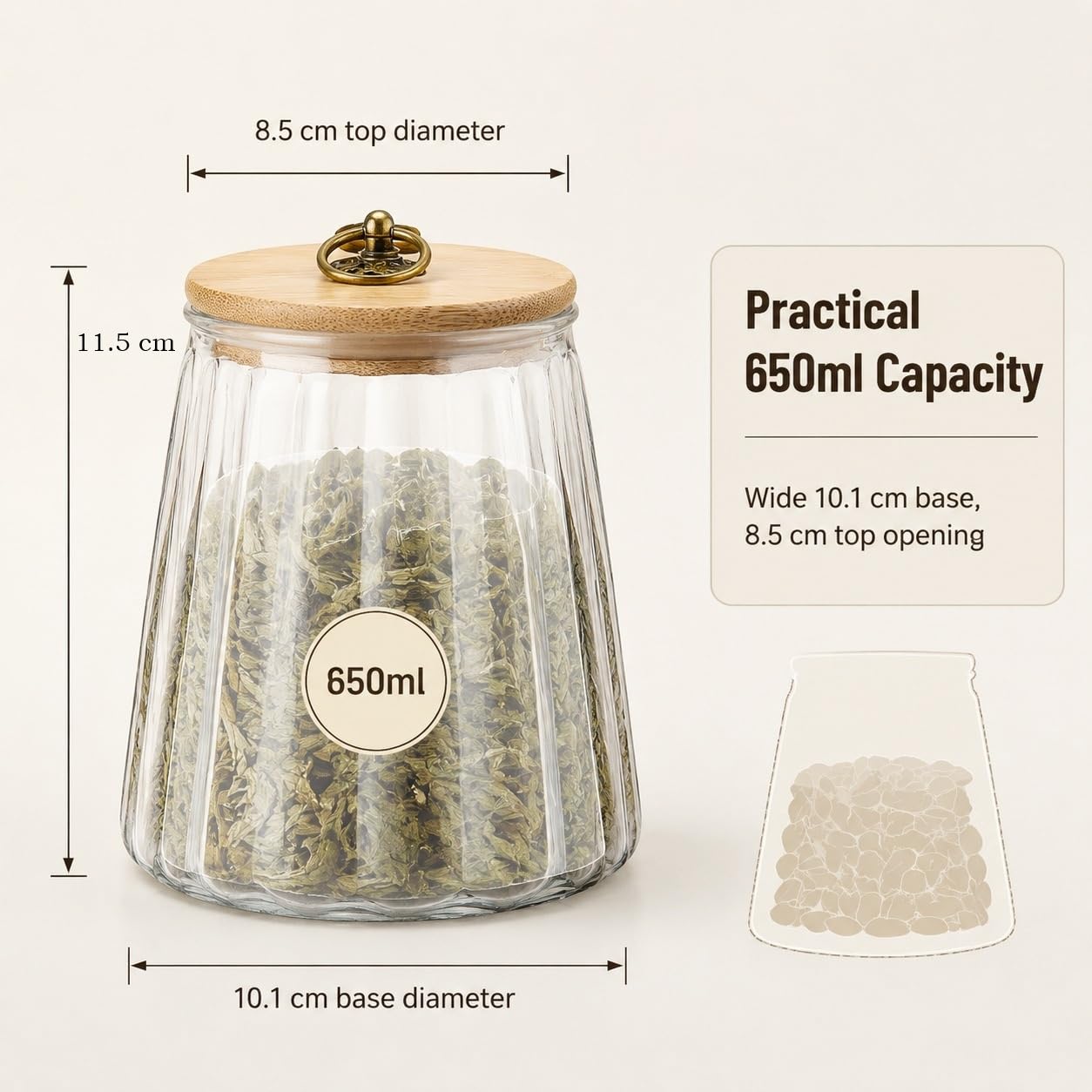 Red Dot Gift Tapered Glass Canister with Bamboo Lid & Antique Bronze/Gold Cloud Loop, Ribbed Trapezoidal Food Storage Jar for Coffee Beans, Loose Tea, Candy, Nuts, Kitchen Pantry - Image 4