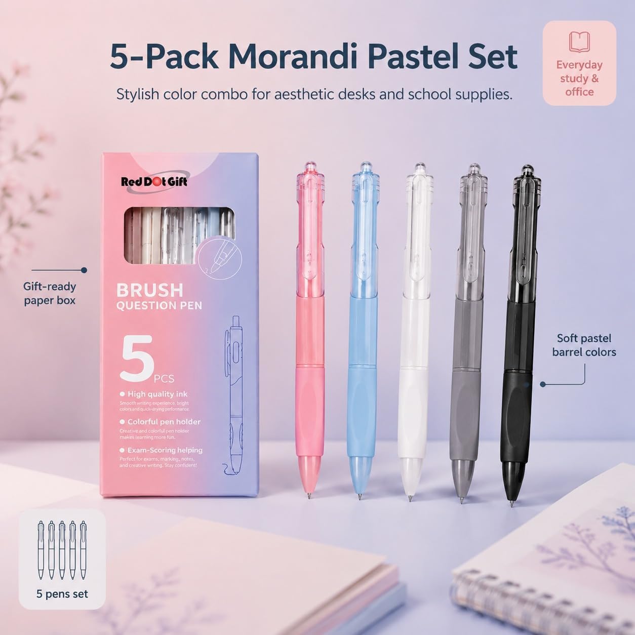 Red Dot Gift 5-Pack Morandi Retractable Gel Pens, 0.5mm ST Fine Point Quick-Drying Black Ink Pens, Aesthetic Pastel Aesthetic Pens with Clear Clip for School, Note-Taking, and Journaling - Image 4